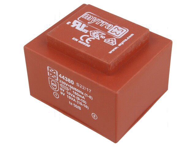 Transformator: ingegoten; 30VA; 230VAC; 9V; 9V; 1667mA; 1667mA; PCB Transformator: ingegoten; 30VA; 230VAC; 9V; 9V; 1667mA; 1667mA; PCB